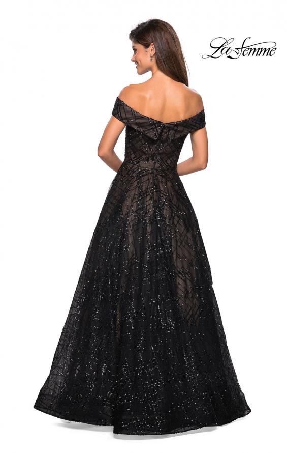 Picture of: sequin Ball Gown with Off the Shoulder Top in Black Nude, Style: 27577, Back Picture