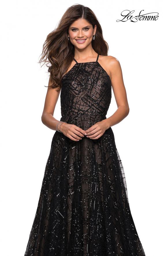 Picture of: High Neckline sequin A Line Prom Dress in Black Nude, Style: 27451, Detail Picture 6
