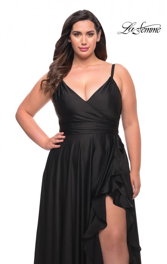 Picture of: Ruffle Slit Satin Long Plus Size Dress with V Neck in Black, Style: 29740, Detail Picture 12