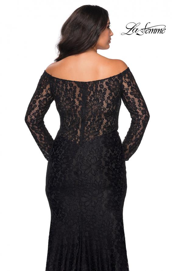 Picture of: Lace Off The Shoulder Long Sleeve Plus Dress with Stones in Black, Style: 28945, Back Picture