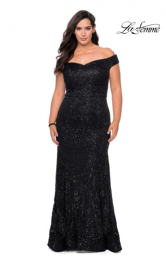 Picture of: Off the Shoulder Lace Plus Dress with Defined Waist in Black, Style: 28883, Detail Picture 1