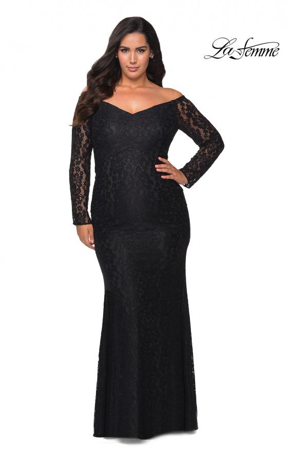 Picture of: Lace Off The Shoulder Long Sleeve Plus Dress with Stones in Black, Style: 28945, Detail Picture 1