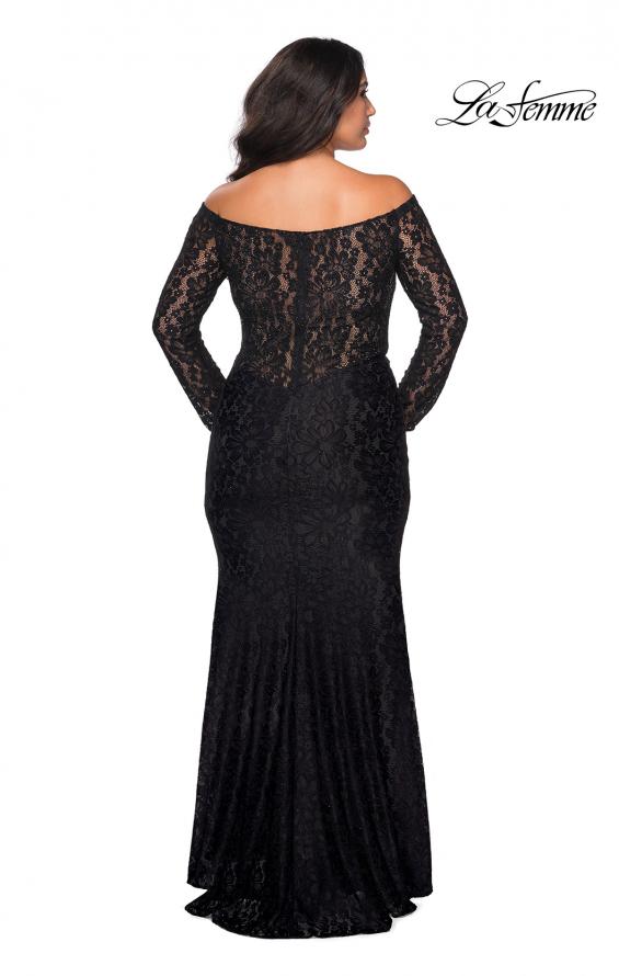 Picture of: Lace Off The Shoulder Long Sleeve Plus Dress with Stones in Black, Style: 28945, Detail Picture 2