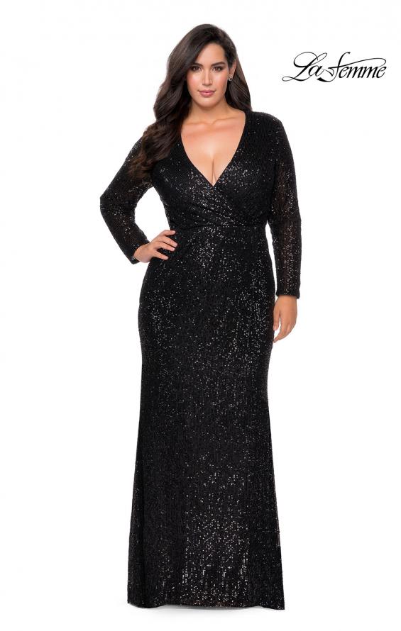 Picture of: Long Sleeve Sequin Plus Size Prom Dress with Slit in Black, Style: 28880, Detail Picture 6
