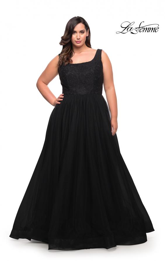 Picture of: A-line Tulle and Lace Plus Size Gown with Slit in Black, Style: 29070, Detail Picture 6