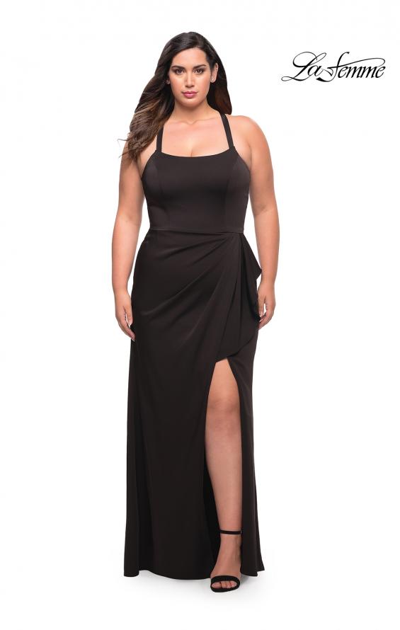 Picture of: Elegant Jersey Gown with Ruffle Slit Detail in Black, Style: 29634, Detail Picture 7