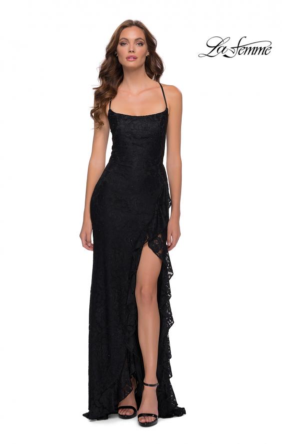 Picture of: Stretch Lace Dress with Ruffle Skirt Detail and Slit in Black, Style 29650, Main Picture
