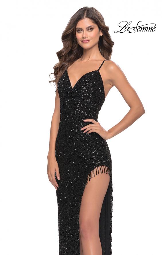 Picture of: Sequin Dress with Stunning Fringe Beaded Slit in Black, Style: 31389, Main Picture