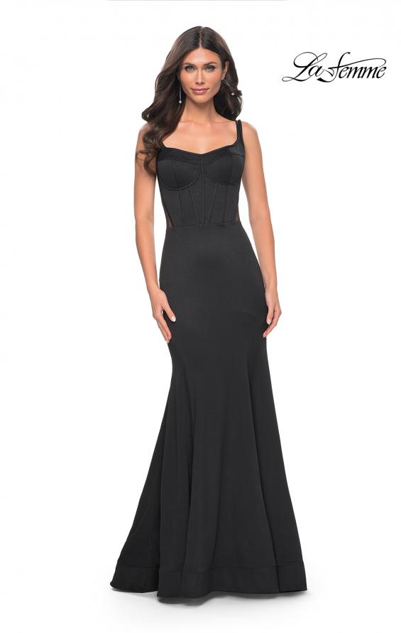 Picture of: Mermaid Jersey Gown with Bustier Top and Lace Up Back in Black, Style: 32268, Main Picture
