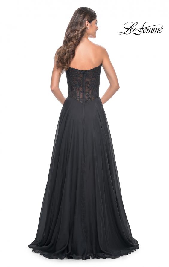 Picture of: Strapless Chiffon Prom Gown with Lace Illusion Bodice in Black, Style: 32311, Back Picture