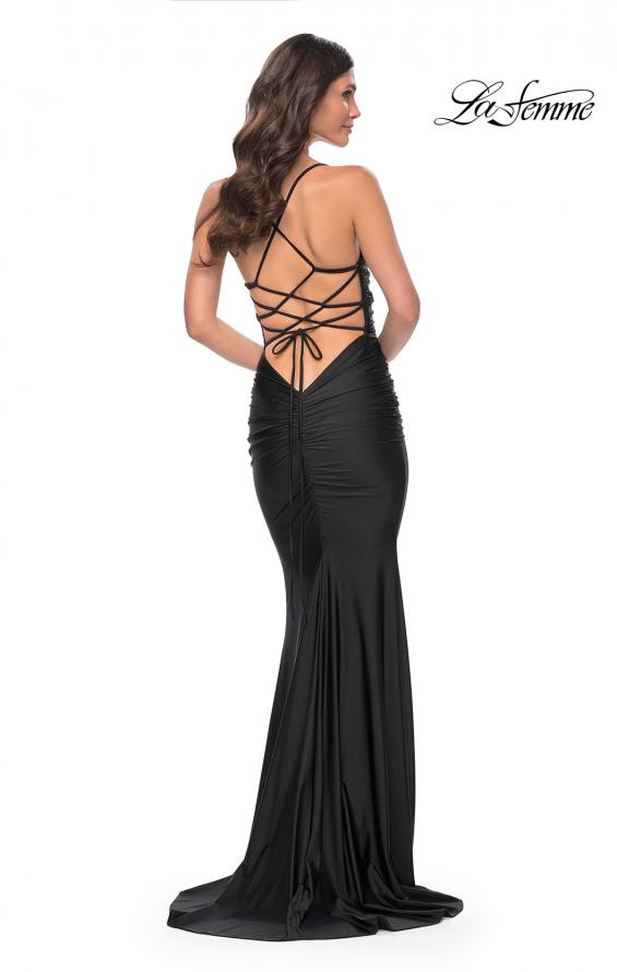 Picture of: Ruched Jersey Dress with Rhinestone Mesh Draped Top in Black, Style: 32319, Back Picture