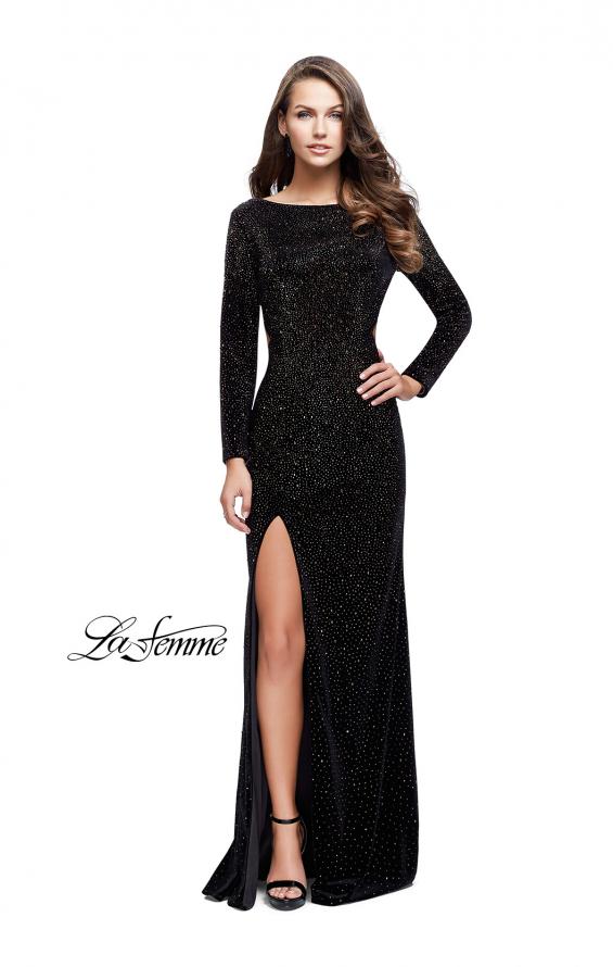 Picture of: Sparkling Velvet Prom Dress with Boat Neckline in Black, Style: 25727, Detail Picture 1