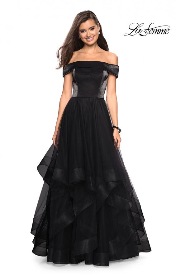 Picture of: Elegant Off the Shoulder Tulle Layered Ball Gown in Black, Style: 27224, Detail Picture 1