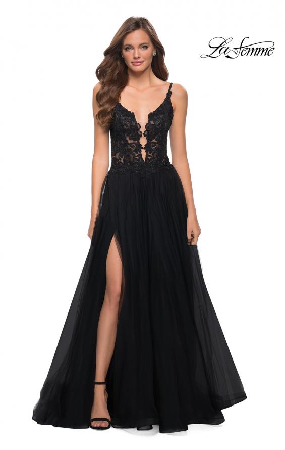 Picture of: Tulle A Line Gown with Lace Rhinestone Bodice in Black, Style 29686, Detail Picture 1