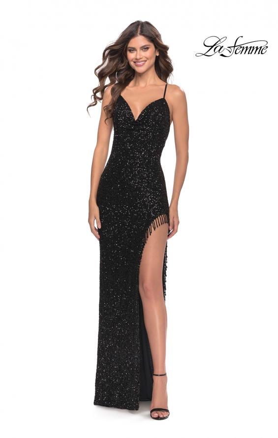 Picture of: Sequin Dress with Stunning Fringe Beaded Slit in Black, Style: 31389, Detail Picture 1