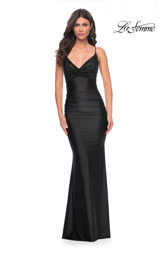 Picture of: Ruched Jersey Dress with Rhinestone Mesh Draped Top in Black, Style: 32319, Detail Picture 1