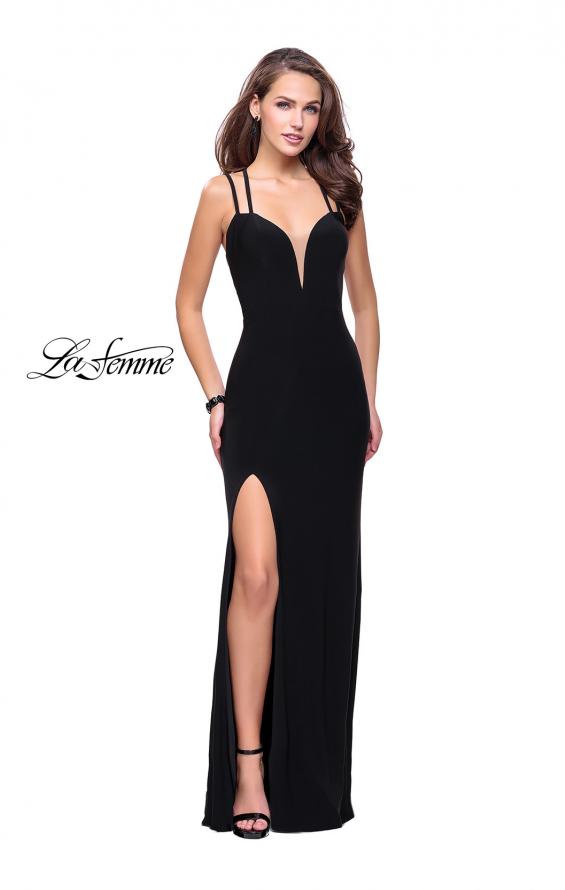 Picture of: Long Classic Prom Dress with Side Leg Slit and Deep V in Black, Style: 25648, Detail Picture 2