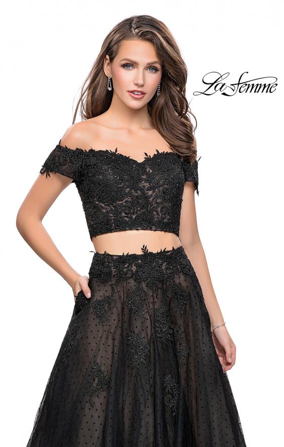 Picture of: Off the Shoulder Two Piece Gown with Polka Dot Print in Black, Style: 26110, Detail Picture 2