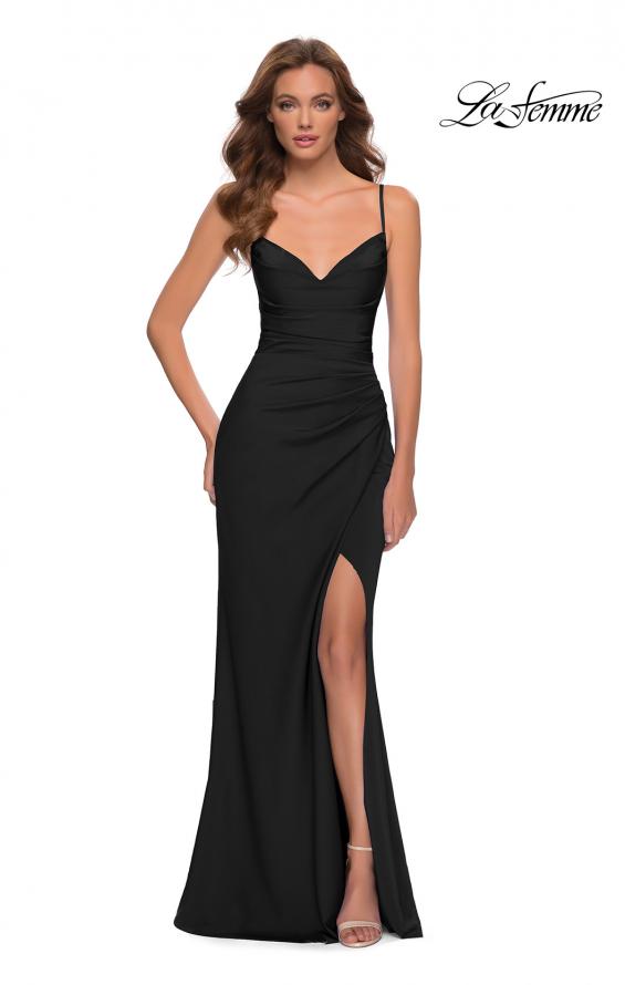 Picture of: Ruched Jersey Gown with Intricate Lace Up Back in Black, Style 29615, Detail Picture 2