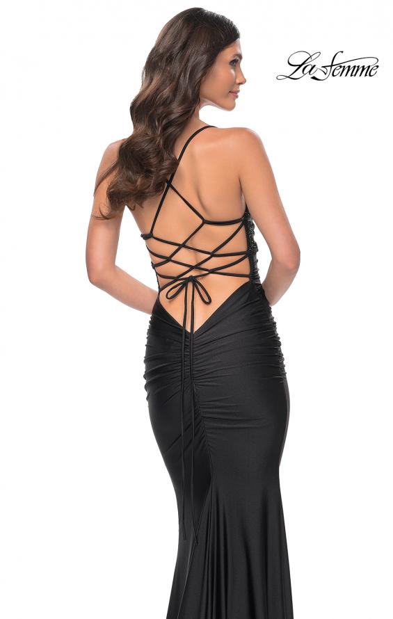 Picture of: Ruched Jersey Dress with Rhinestone Mesh Draped Top in Black, Style: 32319, Detail Picture 2
