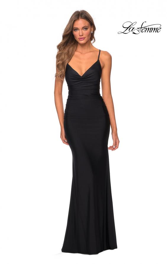 Picture of: Long Jersey Dress with Draped V-Neckline and Ruching in Black, Style: 28984, Detail Picture 3