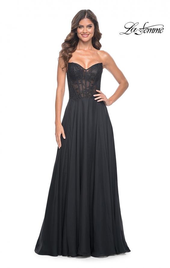 Picture of: Strapless Chiffon Prom Gown with Lace Illusion Bodice in Black, Style: 32311, Detail Picture 3