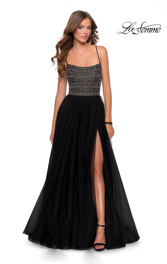 Picture of: Long Tulle Prom Dress with Beaded Bodice in Black, Style: 28535, Detail Picture 4