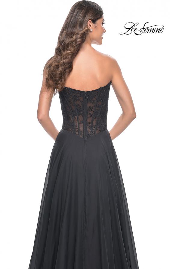 Picture of: Strapless Chiffon Prom Gown with Lace Illusion Bodice in Black, Style: 32311, Detail Picture 4