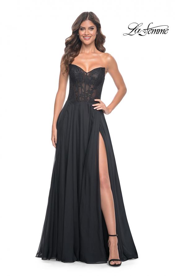 Picture of: Strapless Chiffon Prom Gown with Lace Illusion Bodice in Black, Style: 32311, Detail Picture 5