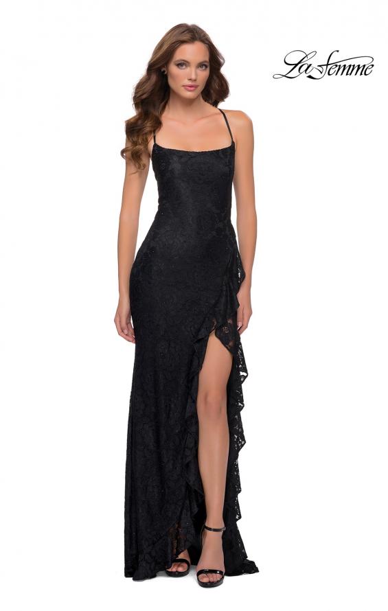 Picture of: Stretch Lace Dress with Ruffle Skirt Detail and Slit in Black, Style 29650, Detail Picture 6