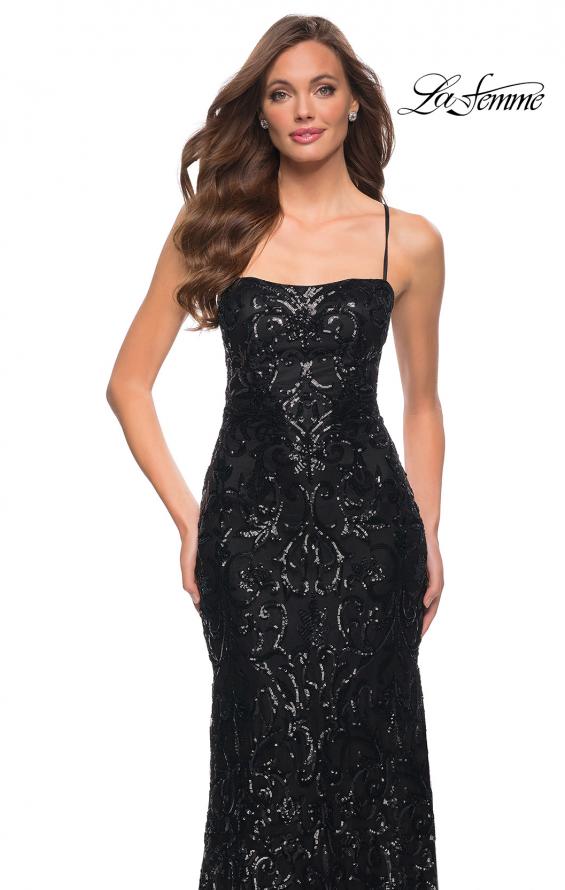 Picture of: Print Sequin Long Dress with Lace Up Back in Black, Style 29638, Detail Picture 7