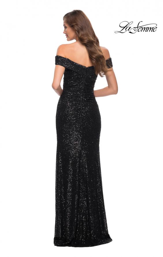 Picture of: Off the Shoulder Ruched Sequin Dress with Slit in Black, Style 29831, Detail Picture 7
