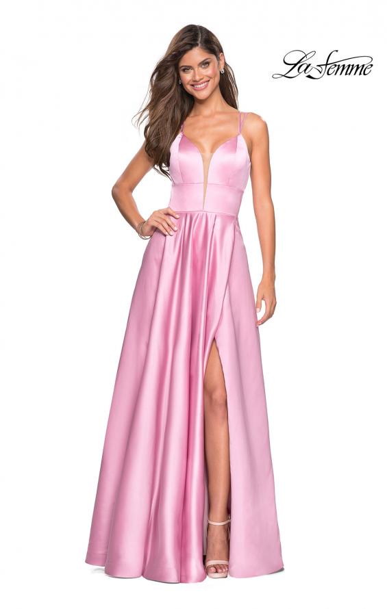 Picture of: Long Satin Formal Gown with Leg Slit and Strappy Back in Blush, Style: 26994, Detail Picture 8