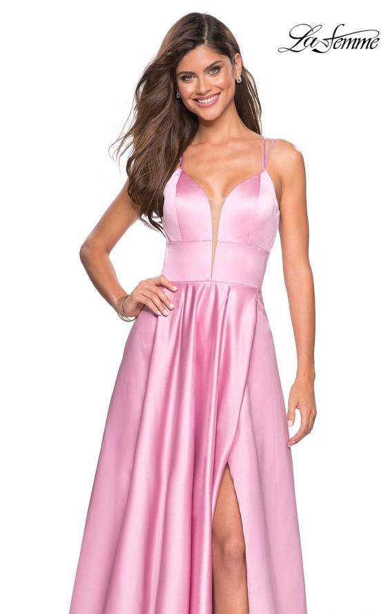 Picture of: Long Satin Formal Gown with Leg Slit and Strappy Back in Blush, Style: 26994, Detail Picture 1