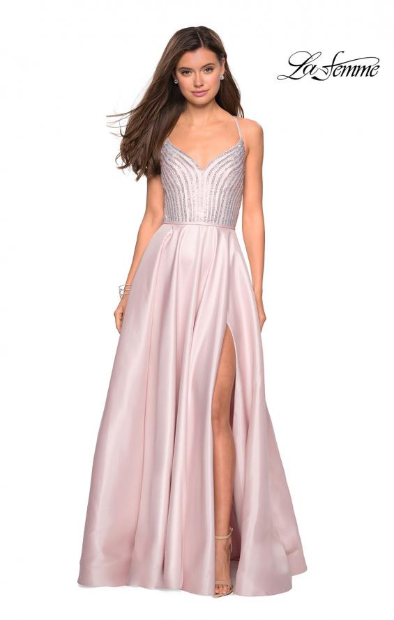 Picture of: Long Mikado Gown with Rhinestone Bodice and Slit in Blush, Style: 27634, Detail Picture 2