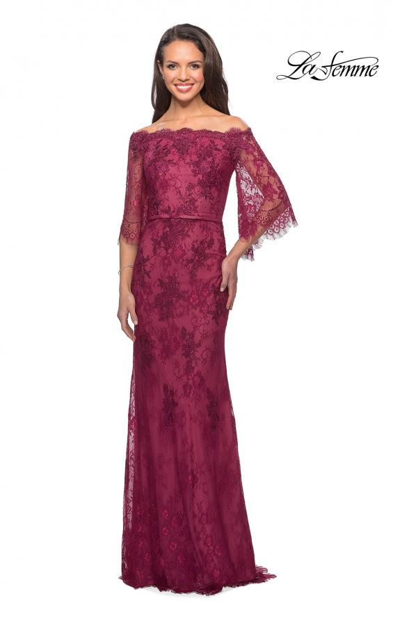 Picture of: Long Lace Gown with Off the Shoulder Flare Sleeves in Boysenberry, Style: 25317, Main Picture