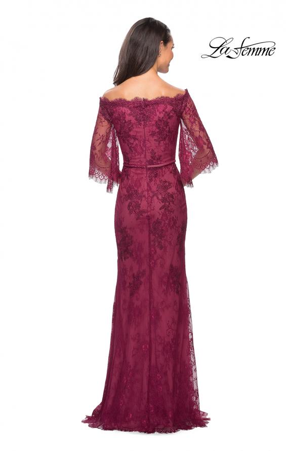Picture of: Long Lace Gown with Off the Shoulder Flare Sleeves in Boysenberry, Style: 25317, Back Picture