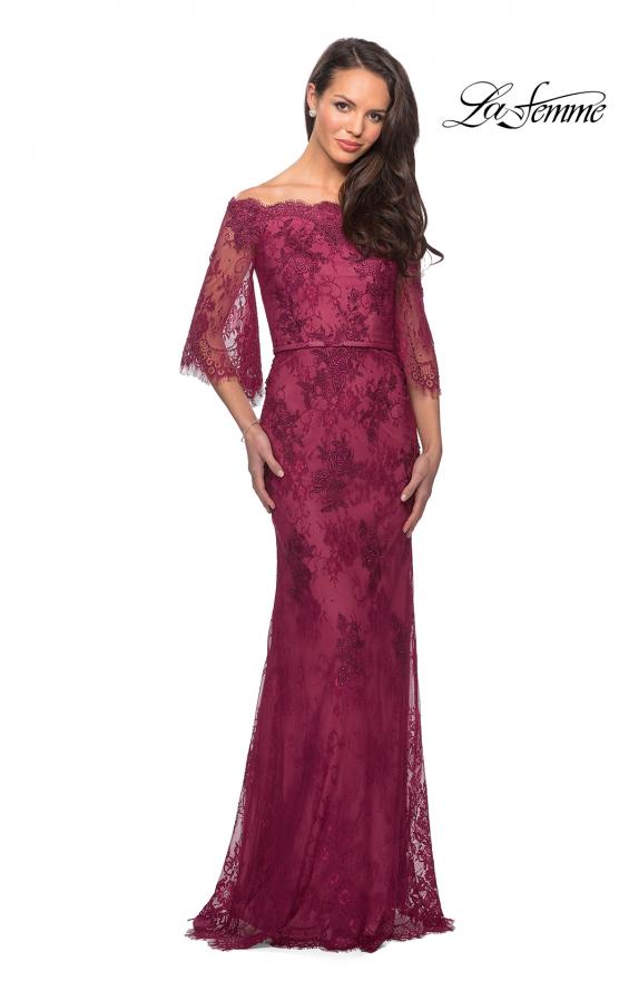 Picture of: Long Lace Gown with Off the Shoulder Flare Sleeves in Boysenberry, Style: 25317, Detail Picture 1