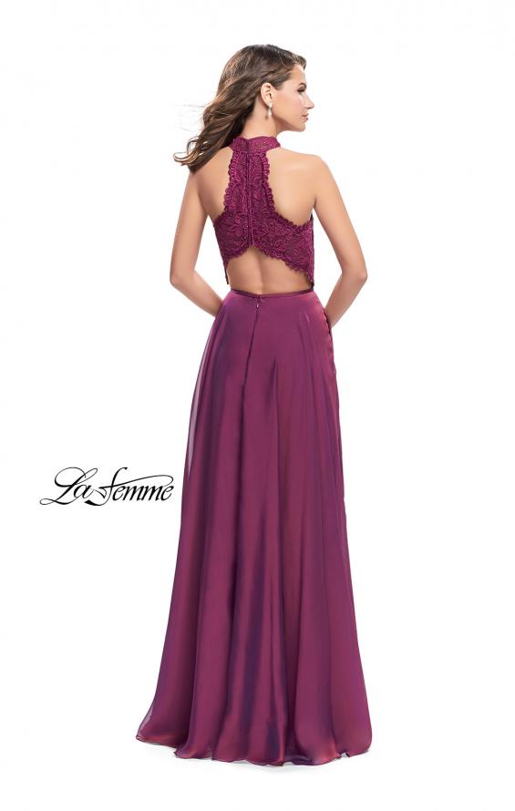 Picture of: Long A Line Chiffon Dress with Lace Up Neckline in Boysenberry, Style: 25347, Back Picture