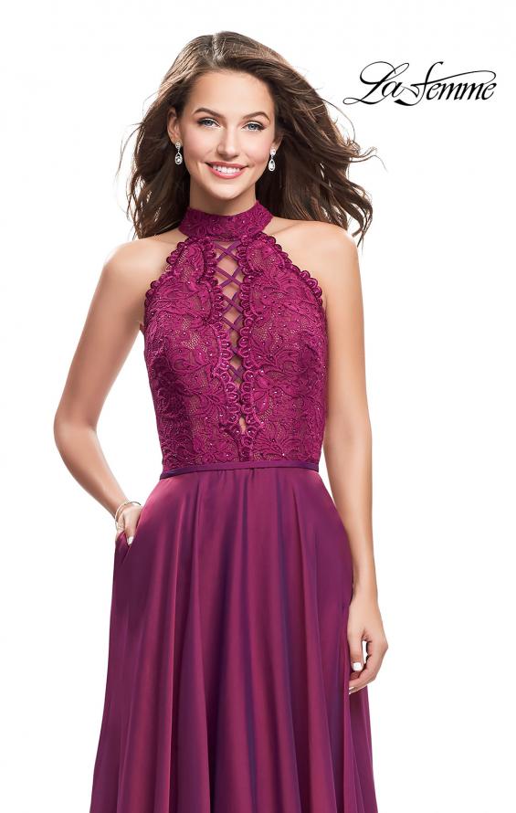 Picture of: Long A Line Chiffon Dress with Lace Up Neckline in Boysenberry, Style: 25347, Detail Picture 1