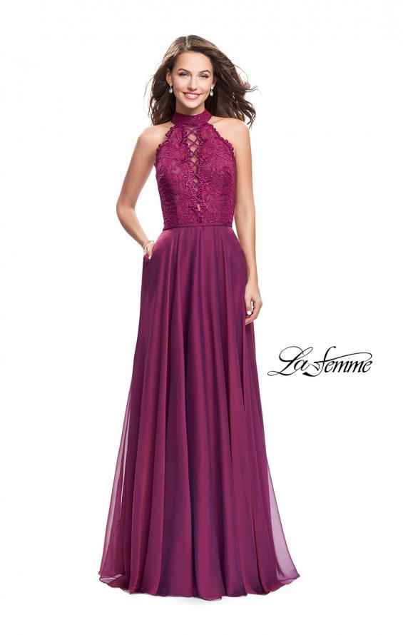 Picture of: Long A Line Chiffon Dress with Lace Up Neckline in Boysenberry, Style: 25347, Detail Picture 4