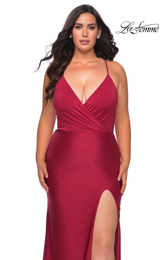 Picture of: Jersey Prom Dress for Curves with Slit and Criss Cross Back in Burgundy, Style: 29022, Main Picture