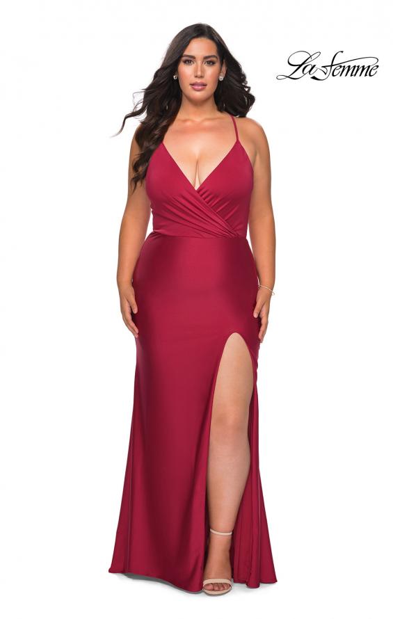 Picture of: Jersey Prom Dress for Curves with Slit and Criss Cross Back in Burgundy, Style: 29022, Detail Picture 3