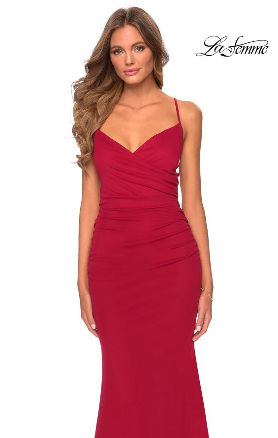 Picture of: Fitted Jersey Long Dress with Lace Up Back in Burgundy, Style: 28541, Detail Picture 8