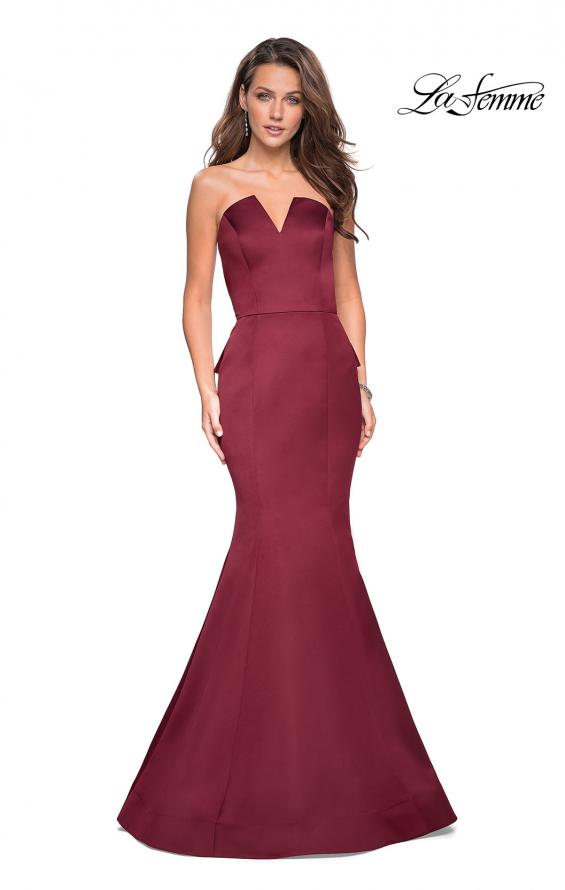Picture of: Strapless V Prom Gown with Cascading Ruffle Back in Burgundy, Style: 27105, Back Picture