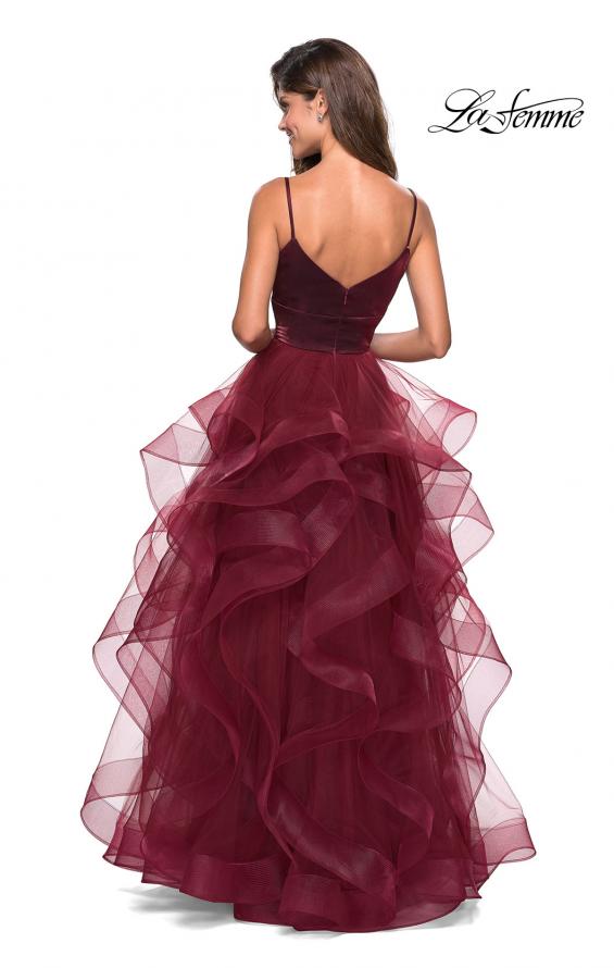 Picture of: Cascading Tulle Gown with Satin Top and V Back in Burgundy, Style: 27502, Back Picture