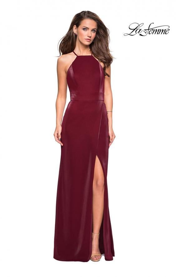 Picture of: Two Tone Long Gown with High Neckline and Side Slit in Burgundy, Style: 26962, Detail Picture 1