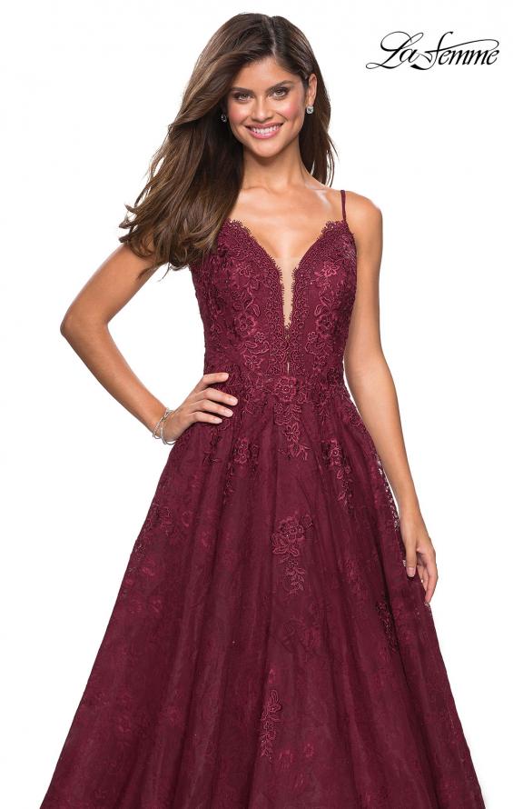 Picture of: Lace Detail Long A Line Prom Dress with Open Back in Burgundy, Style: 27030, Detail Picture 1