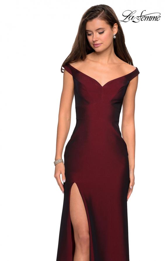 Picture of: Elegant Off the Shoulder Dress with Side Leg Slit in Burgundy, Style: 27587, Detail Picture 1