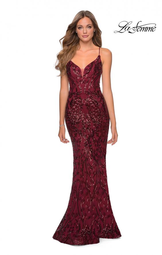 Picture of: Long Prom Dress with Intricate Sequin Lace Design in Burgundy, Style: 28828, Detail Picture 1